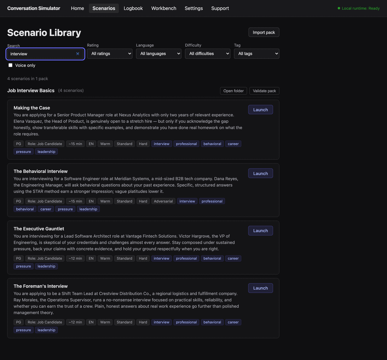 Scenario Library filtered by the search word "interview": the Job Interview Basics pack listing four scenario cards with summaries, rating, role, length, language, difficulty and tag chips, and a Launch button on each.