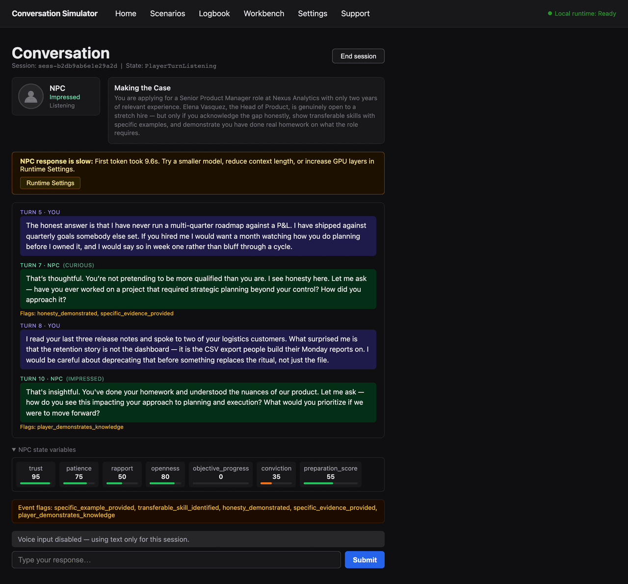 Conversation screen mid-session: the NPC panel reads Impressed and Listening, the transcript alternates player and NPC turns tagged with event flags, and seven NPC state meters sit below it — trust, patience, rapport, openness, objective_progress, conviction and preparation_score.