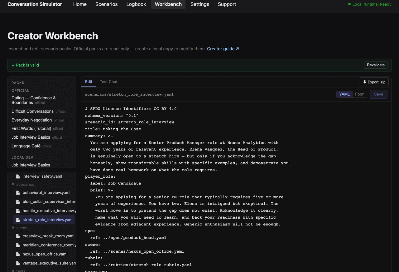 Creator Workbench with a green "Pack is valid" banner, the pack list showing official packs and one editable local copy, that copy's file tree, and a YAML editor open on a scenario file.